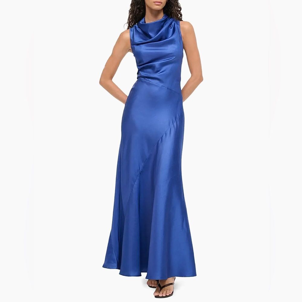 Staud Frida Gathered 100% Silk Cowl Neck Gown Size 10 Deep Sea/Blue Formal